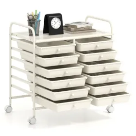 12-Drawer Rolling Storage Cart - 2-Row 10-Storey, Multicolor Drawers, 4 Wheels (2 Brake), White Frame-White