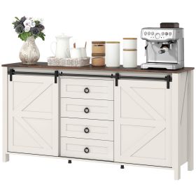 60" Buffet Cabinet, Farmhouse Sideboard with Sliding Barn Doors, Drawers and Adjustable Shelves, Distressed Cream White