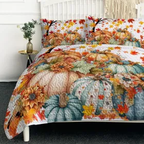 3PCS Colorful Oil Painting Pumpkin Pattern Quilt Set For All Seasons Flower Fall Leaves Bedding Set With 2 Pillowcases For Kids Adults Thanksgiving Da