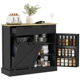 10 Gallon Farmhouse Kitchen Cabinet with Hidden Trash Can and 2 Drawers, Tilt Out Trash Can Cabinet for Kitchen, Black