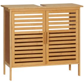 Freestanding Bathroom Sink Cabinet, Bamboo Under Sink Cabinet Cupboard Organizer with 2 Slatted Doors, Natural