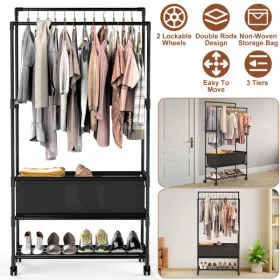 3 Tiered Portable Clothing Rack For Bedroom Entryway Double Hanging Rods Sturdy Iron Garment Rack With Double Height Rods Adjustable Storage Bag Locka