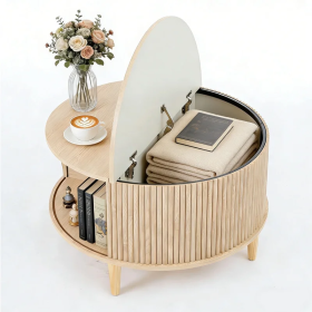 A Round Coffee Table With Storage, Featuring Sliding Cabinet Doors And A Two-layer Plain Wooden Tabletop