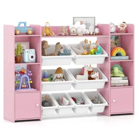 Pink Multi-Functional Kids Storage Shelf - Toy Organizer+Bookcase, 56"x12"x39", Anti-Toppling, 265lbs Capacity