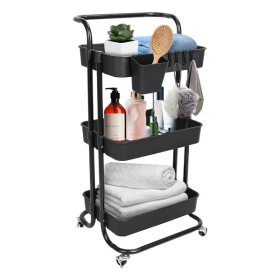 3 Tier Rolling Utility Cart Movable Storage Organizer With Mesh Baskets Lockable Wheels 360 Degree Rotatable Hanging Box Hooks Bedroom Bathroom Kitche