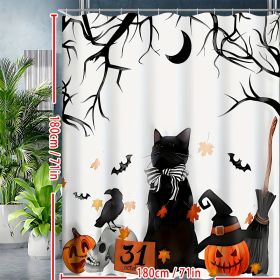 Spooky Halloween Shower Curtain Set - Vibrant Printed Design,12 Hooks - 1Pcs, Pumpkin Lantern, Black Cat, Crow Skull, Broom, Bat, Dead Branch Design