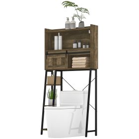 Over the Toilet Storage Cabinet, Over Toilet Bathroom Organizer with 3 Compartments, 4 Open Shelves, Distressed Brown