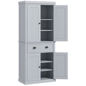 72" Traditional Kitchen Pantry Cabinet, Freestanding Tall Storage Cabinet with 4 Doors, Drawer and 3 Adjustable Shelves for Dining Room, Gray
