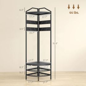 Corner Hall Tree, Industrial 4-Tier Coat Rack With Shoe Storage, 8 Movable Hooks And 2 Shelves For Hallway, Black