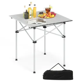 Silver 28" Foldable Camping Table With Aluminum Top, 150 Lbs Capacity Portable Picnic Table With Carry Bag