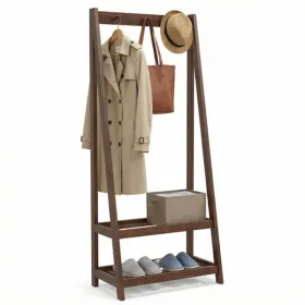 100% Solid Rubber Wood Freestanding Coat Rack, A-Frame Stable Garment Hanger With 3 Hooks & 2 Shelves