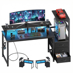52-inch Gaming Table With Drawers And 3 Fabric Drawers, Equipped With USB Ports And LED Lights For The Computer Desk