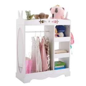 White MDF + Particleboard Children's Wardrobe With 1 Mirror, 3 Shelves, And 1 Clothes Rod; Rabbit Ear Design