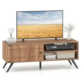 Oak Mid-Century Modern TV Stand For 55-Inch TVs, 210 Lbs Capacity Entertainment Center With Storage Cabinet & Cable Management