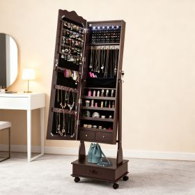 Rolling Floor Standing Mirrored Jewelry Armoire With Lock And Drawers