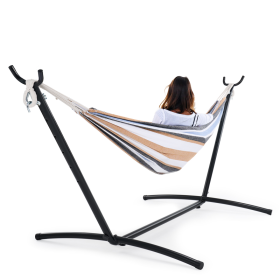 Double Hammock With Steel Stand And Carrying Bag, Adjustable Height, 450lbs Capacity, Polyester Cotton Fabric, Portable Outdoor Hammock For 2 Adults