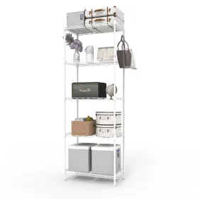 5-layer Display Rack With Adjustable Layer Spacing, Plug-in Deformable Structure, Adjustable Feet, Made Of Iron, 54*29*150cm, Powder-coated Matte Whit