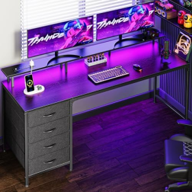 Computer Desk With A Power Socket And LED Light, A Game Desk With Four Drawers, And An Office Desk With A Monitor Stand---Black.40in