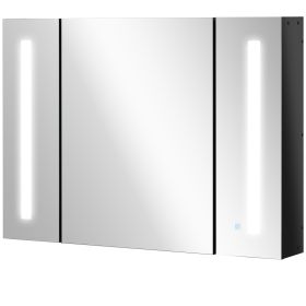 LED Lighted Medicine Cabinet with Mirror, 35.5"W x 25.5"H Wall Mounted Bathroom Cabinet with 3 Cupboards, Memory Function, USB Charge, High Gloss Bla