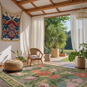 Washable  Green Floral Area Rug 5x7,Colorful Cottagecore Nursery Rug, Soft Boho Flower Carpet For Girls Living Room Playroom Dorm Apartment Decor 5x7f