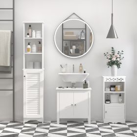 Tall Bathroom Storage Cabinet/Freestanding Tower with 3-Tier Open Adjustable Shelf and Cupboard