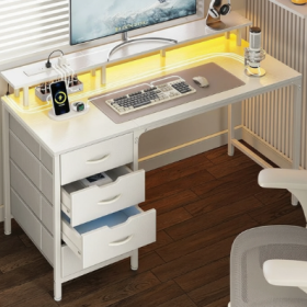 Computer Desk With A Power Socket And LED Light, A Game Desk With Four Drawers, And An Office Desk With A Monitor Stand---white.40in