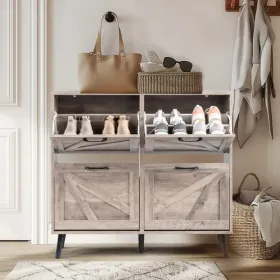 Barn Door With 4 Flip-down Drawers, Black Metal Single-sided Handle + Melamine Particleboard + Black Solid Wood Plastic-sealed Tapered Legs; Shoe Cabi