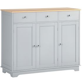 Kitchen Storage Cabinet, Sideboard Floor Cupboard with Solid Wood Top, Adjustable Shelf, and 3 Drawers, Gray