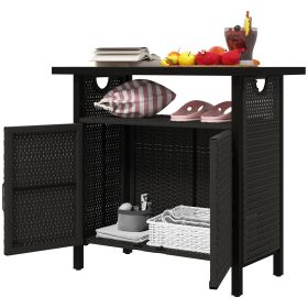 Outdoor Pool Towel Storage Cabinet Organizer, Outdoor Bar Table With Shelf And Cabinet, Pool Towel Holder Pool Valet With Weather-Resistant PE Rattan