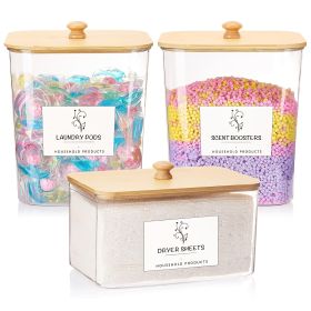 3-Pack Laundry Room Organization Storage Boxes, Clear Laundry Bead Containers And Dryer Sheet Holders Set With Lids And Labels For Detergent, Washing