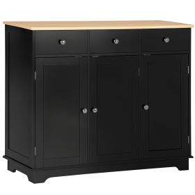 Kitchen Storage Cabinet, Sideboard Floor Cupboard with Solid Wood Top, Adjustable Shelf, and 3 Drawers, Black