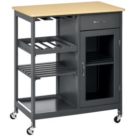 Rolling Kitchen Island with Storage, Kitchen Cart with 4-bottle Wine Rack, Bar Cart with Stemware Holder, Shelves, Drawer and Cabinet, Gray
