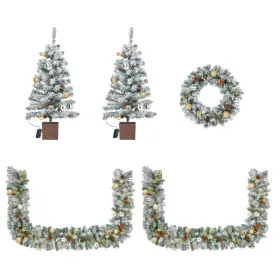 Pre-lit Holiday Christmas 4-Piece Set, Christmas Garland, Wreath And Set Of 2 Entrance Trees With Warm White LED Lights And Remote Control, Artificial