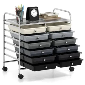 12-Drawer Rolling Storage Cart - 2-Row 10-Storey, Multicolor Drawers, 4 Wheels (2 Brake), -Gray