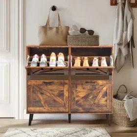 Barn Door With 4 Flip-down Drawers, Black Metal Single-sided Handle + Melamine Particleboard + Black Solid Wood Plastic-sealed Tapered Legs. Shoe Cabi