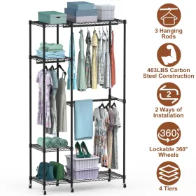 4 Tier Heavy Duty Garment Rack With Wheels Carbon Steel Clothing Rack Portable Wardrobe Clothes Rack With 3 Hanging Rods 6 Footrests 44.9x17.13x77.95i