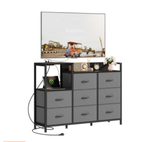 The Wooden Top TV Media Control Console Table Features 8 Fabric Drawers And 1 Shelf. The TV Stand Can Accommodate Up To 45-inch TVS