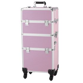 3 In 1 Aluminum Cosmetic Makeup Case Makeup Travel Organizer Cosmetology Case, Aluminum Cosmetic Display Suitcase On Wheels, Beauty Storage Luggage Lo