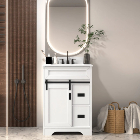 24 Bathroom Vanity With Single Sink Combo, Farmhouse Undermount Bathroom Sink Cabinet With Sliding Barn Doors And 2 Drawers, Freestanding Bathroom Van