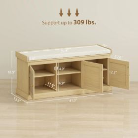 Shoe Storage Bench With Woven Rattan Doors, Shoe Bench With Cushion, Adjustable Shelves, Entryway Bench, Oak Tone