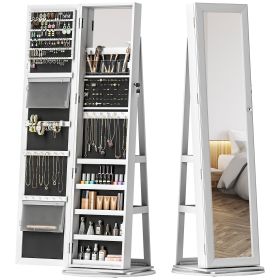 360° Swivel Jewelry Armoire, Lockable Jewelry Cabinet with Full-Length Mirror, Storage Shelves, White