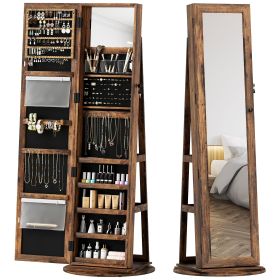 360° Swivel Jewelry Armoire, Lockable Jewelry Cabinet with Full-Length Mirror, Storage Shelves, Rustic Brown