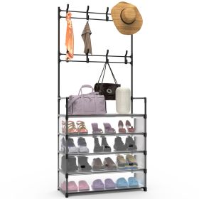 1Pc 5Tier Dustproof Entryway Hall Tree Coat Rack Shoe Rack With 8 Removable Hooks Freestanding Shoe Storage Shelf Hat Clothes Organizer For Front Door