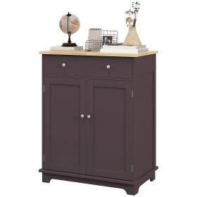 Kitchen Storage Cabinet, Sideboard Floor Cupboard with Solid Wood Top, Adjustable Shelf, and 2 Drawers, Coffee