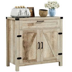 Modern Farmhouse Sideboard with Storage, Buffet Cabinet with 2 Barn Doors and Drawer for Dining Room, Oak