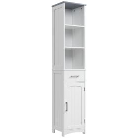 Tall Bathroom Storage Cabinet, Narrow Bathroom Cabinet with 3 Tier Shelving, Drawer and Adjustable Shelves, Slim Freestanding Linen Tower, White