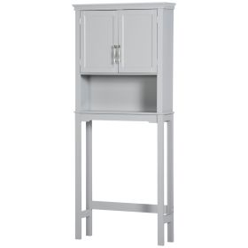 Modern Over The Toilet Storage Cabinet, Double Door Bathroom Organizer with Inner Adjustable Shelf and Open Shelf, Gray