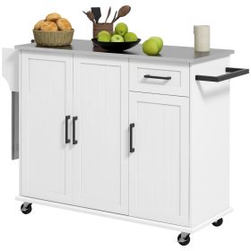 Kitchen Island Cart with Storage, Rolling Kitchen Island on Wheels with Drawer, 3 Cabinets, Stainless Steel Countertop, Spice Rack and Towel Rack, Wh