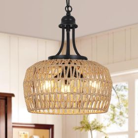 Farmhouse Chandelier For Dining Room, 3-Light Boho Rattan Chandelier Light Fixture Ceiling Hanging W (Option: BrownBlack)