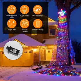 1Pc 11.48FT 350LED Multicolored Christmas Star Waterfall Tree String Light Indoor Outdoor Waterproof String Lights With Star Topper 8 Light Modes Memo (Option: Colorful)
